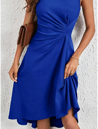 Elegant Dress Midi Dress Ruched Party Elegant Sexy Crew Neck Sleeveless Blue Color