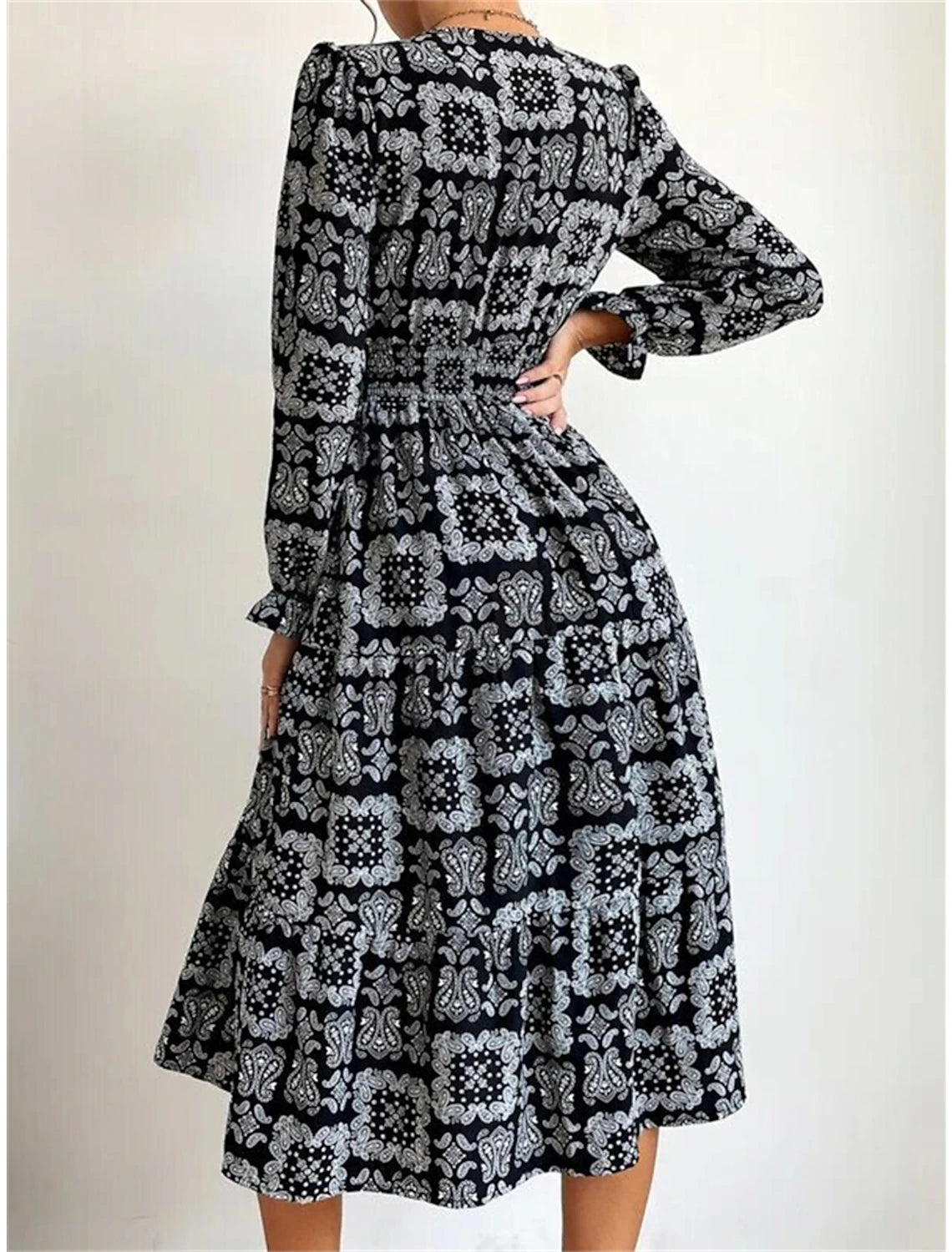 Women's Party Dress Cocktail Dress Wedding Guest Dress Midi Dress Black White Blue Long Sleeve Floral Print Summer Spring Fall V Neck Elegant Wedding Guest Birthday Vacation