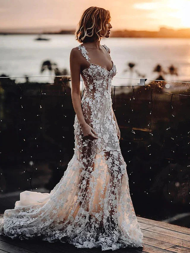 Beach Boho Wedding Dresses Mermaid / Trumpet Off Shoulder Cap Sleeve Court Train Lace Bridal Gowns With Appliques Solid Color Summer Wedding Party, Women's Clothing