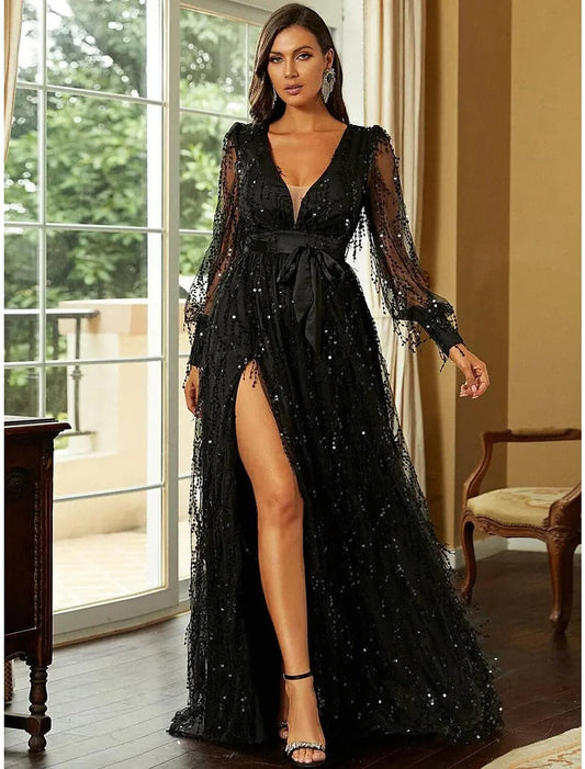 A-Line Evening Gown Elegant Dress Formal Sweep / Brush Train Long Sleeve V Neck Sequined with Glitter Slit Strappy