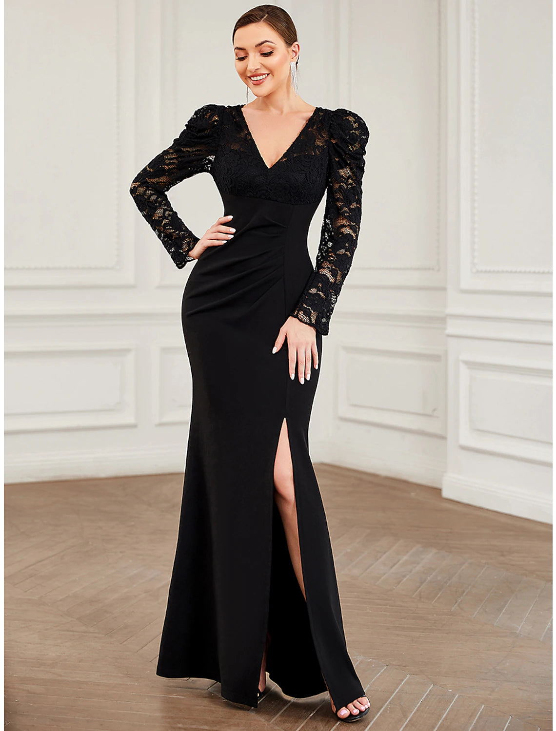 A-Line Evening Gown Vintage Dress Formal Prom Floor Length Long Sleeve V Neck Lace with Pure Color