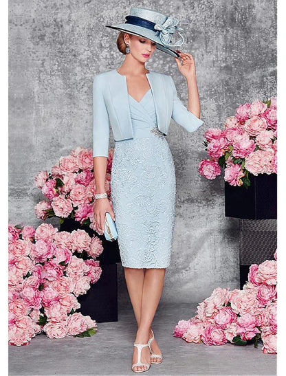 Two Piece Sheath / Column Mother of the Bride Dress Wedding Guest Church Plunging Neck Knee Length Satin Lace Half Sleeve Short Jacket Dresses with Lace Split Front Crystal Brooch