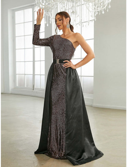 A-Line Evening Gown Elegant Dress Formal Sweep / Brush Train Long Sleeve One Shoulder Sequined with Glitter Pleats