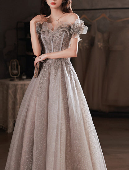 A-Line Sparkle & Shine Prom Formal Evening Dress Off Shoulder Short Sleeve Floor Length Polyester with Sequin Ruffles