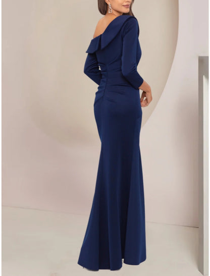 A-Line Mother of the Bride Dress Wedding Guest Elegant Party Off Shoulder Floor Length Stretch Fabric Long Sleeve with Ruffles Ruching Solid Color