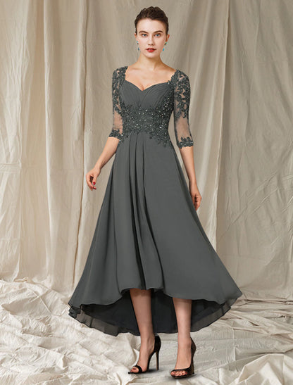 A-Line Mother of the Bride Dress Elegant High Low V Neck Asymmetrical Ankle Length Chiffon Lace Half Sleeve with Pleats Appliques