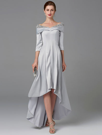 A-Line Mother of the Bride Dress Sparkle & Shine High Low Off Shoulder Asymmetrical Satin Half-Sleeve with Lace Crystals