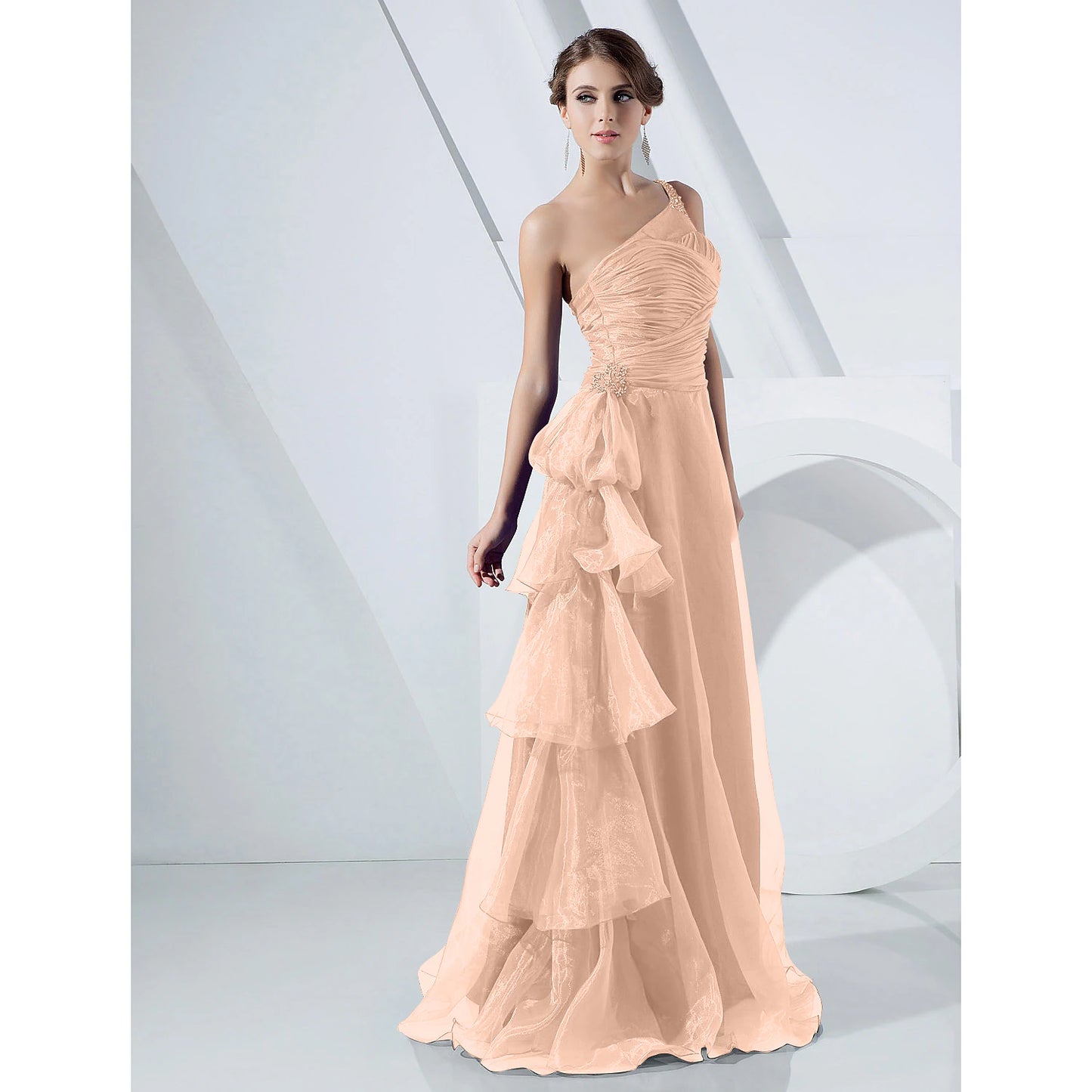 A-Line Elegant Dress Formal Evening Military Ball Floor Length Sleeveless One Shoulder Organza with Side Draping Cascading Ruffles