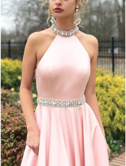 A-Line Prom Dresses Beautiful Back Dress Wedding Guest Engagement Sweep / Brush Train Sleeveless Halter Neck Satin with Beading