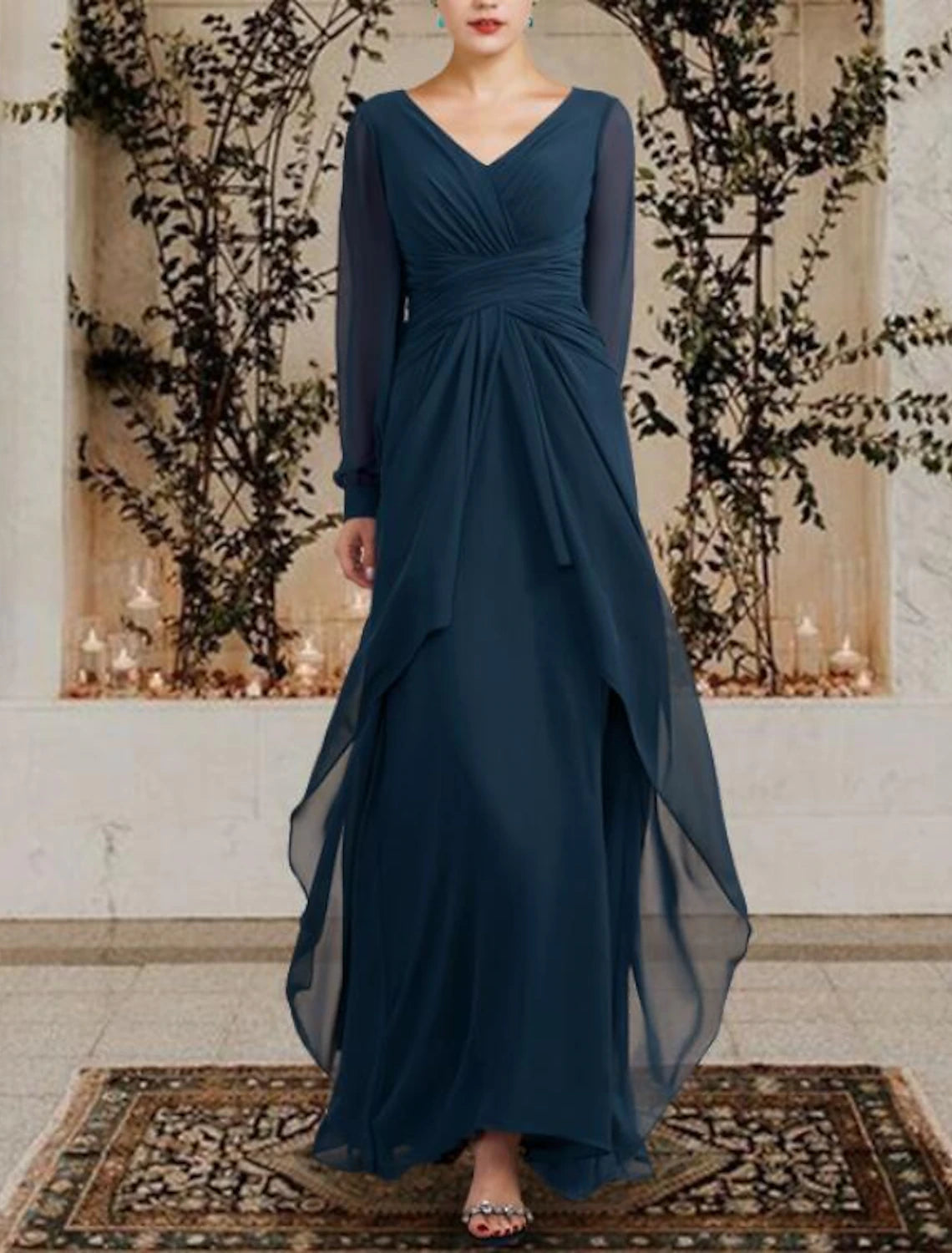 A-Line Mother of the Bride Dress Wedding Guest Plus Size Elegant V Neck Floor Length Chiffon Long Sleeve with Ruched Ruffles Side-Draped Fall