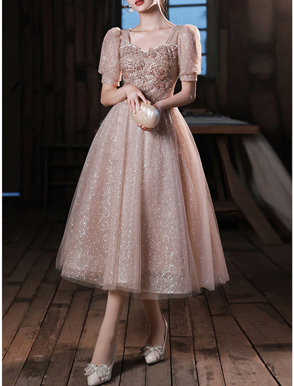 A-Line Prom Dresses Sparkle & Shine Dress Party Wear Prom Ankle Length Half Sleeve Sweetheart Satin with Pearls Appliques