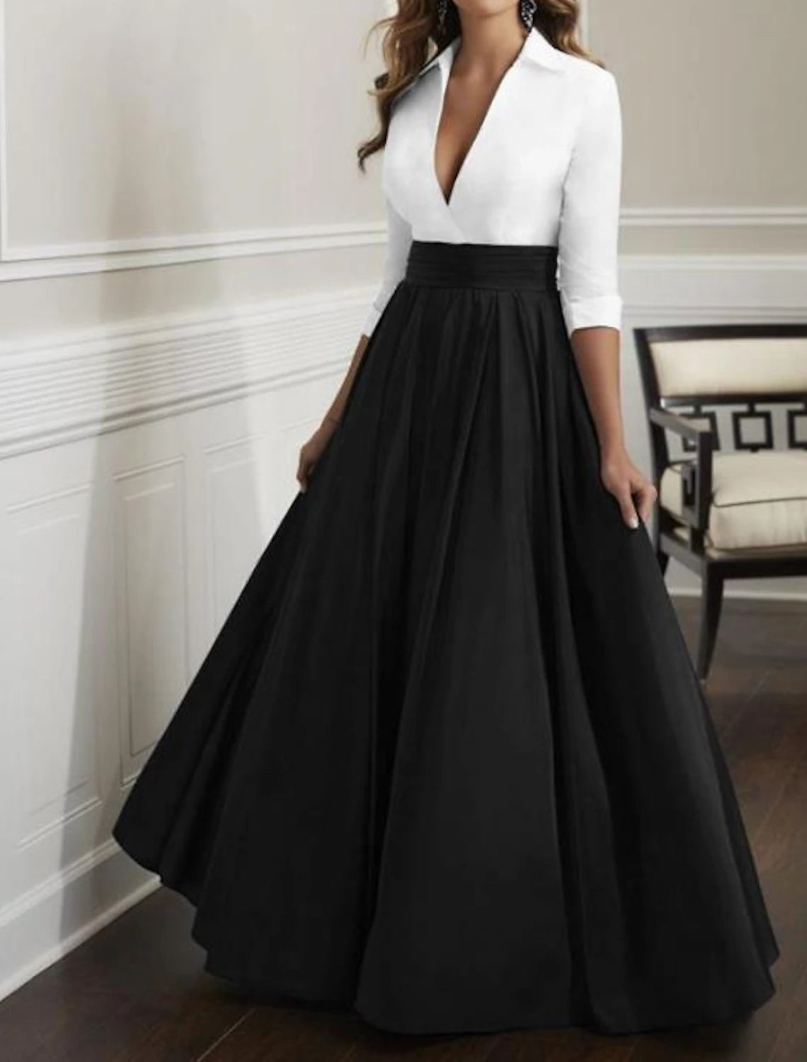 A-Line Mother of the Bride Dress Fall Wedding Guest Elegant & Luxurious Plunging Neck Floor Length Satin Half Sleeve with Ruching