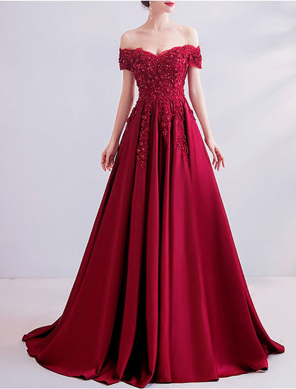 A-Line Sexy Engagement Formal Evening Dress Off Shoulder Short Sleeve Sweep / Brush Train Lace with Pleats Beading