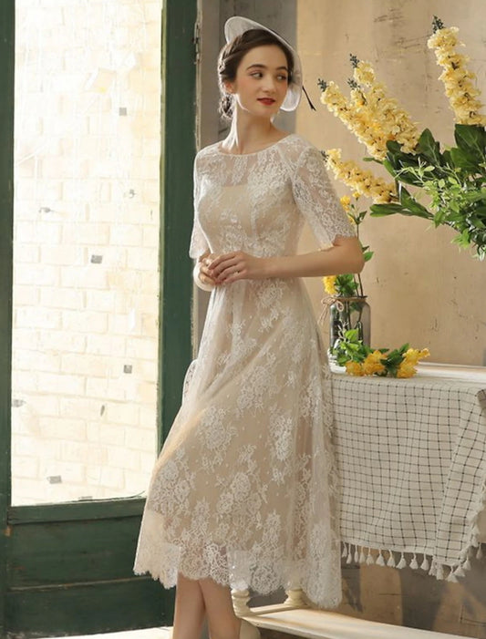 Reception Fall Wedding Dresses Little White Dresses in Color A-Line Illusion Neck Half Sleeve Tea Length Lace Bridal Gowns With Sash / Ribbon Appliques Summer Party