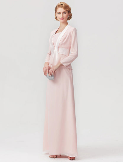 Two Piece A-Line Mother of the Bride Dress Elegant Square Neck Floor Length Chiffon Charmeuse Sleeveless Wrap Included with Ruched
