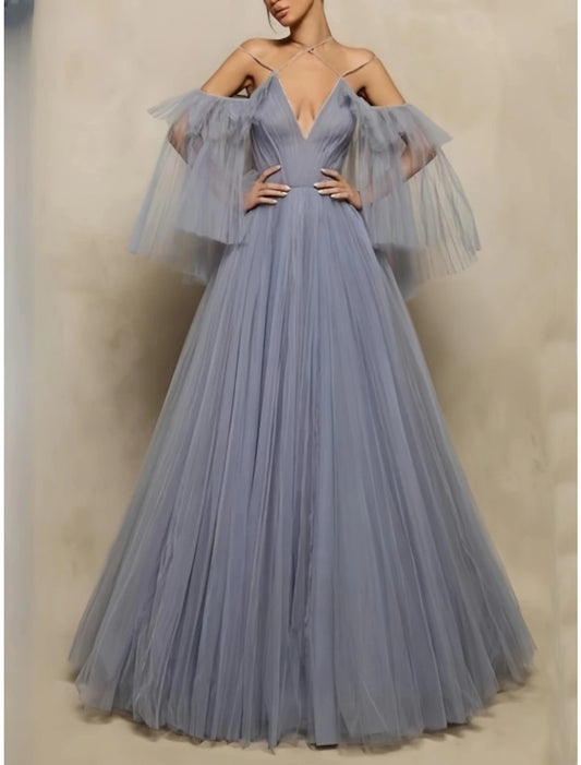 Ball Gown Evening Gown Elegant Dress Formal Fall Floor Length Half Sleeve Halter Neck Tulle with Pleats Ruffles