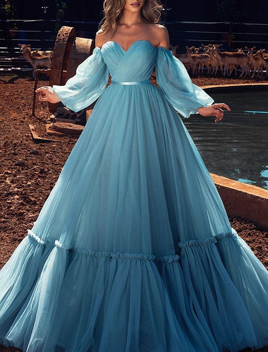 A-Line Prom Dresses Tiered Plisse Dress Quinceanera Formal Evening Floor Length Long Sleeve Off Shoulder Chiffon with Tiered