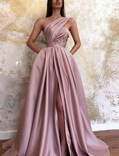 A-Line Evening Gown Celebrity Style Dress Formal Floor Length Sleeveless One Shoulder Satin with Ruched Slit