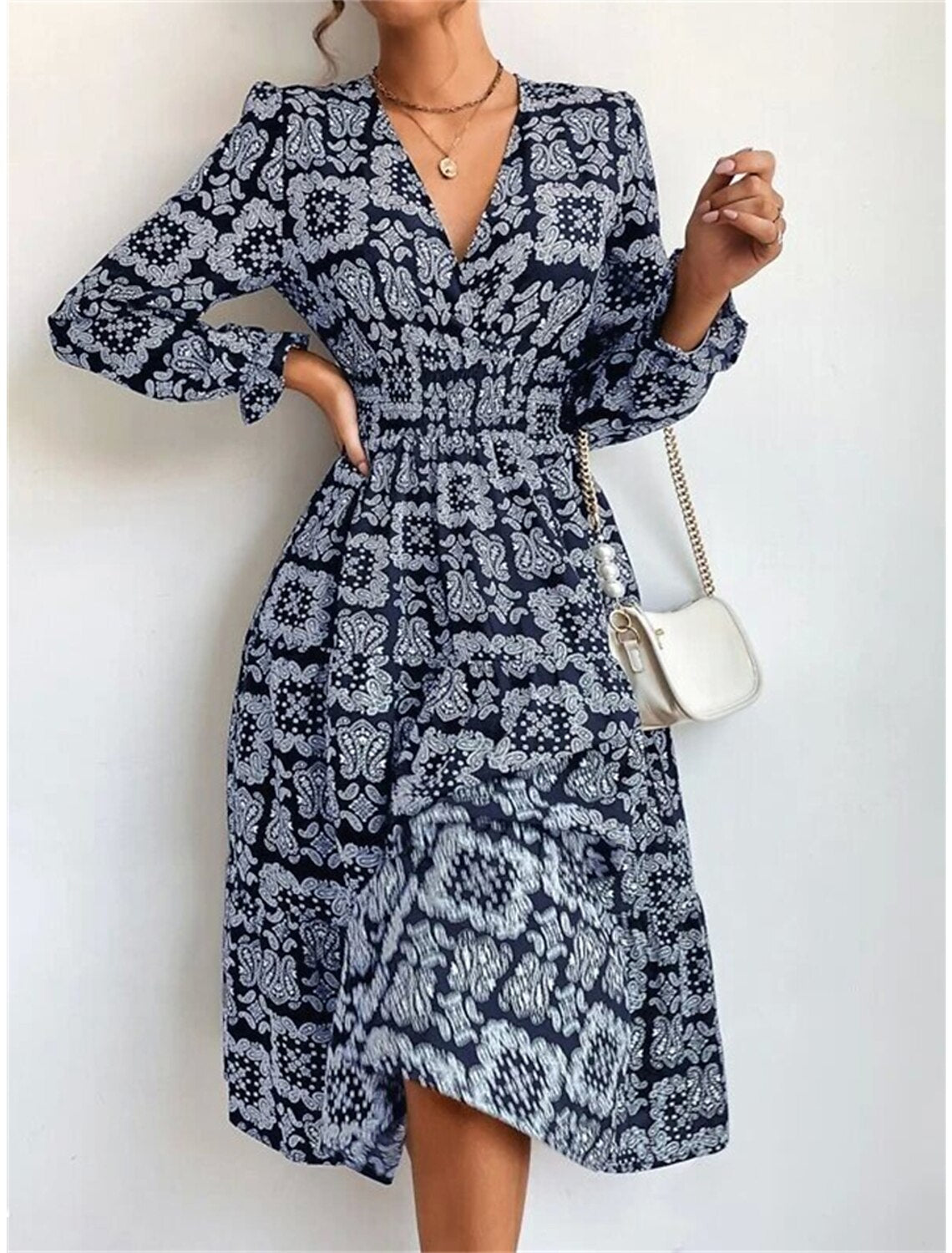 Women's Party Dress Cocktail Dress Wedding Guest Dress Midi Dress Black White Blue Long Sleeve Floral Print Summer Spring Fall V Neck Elegant Wedding Guest Birthday Vacation