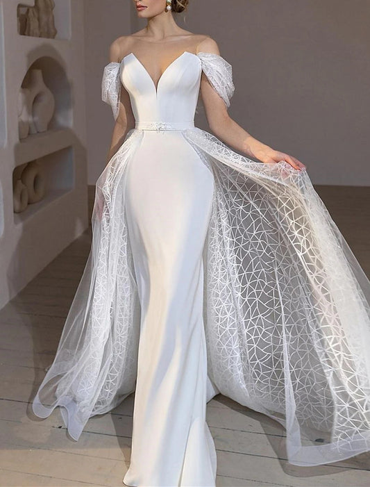 Beach Glitter & Sparkle Wedding Dresses Mermaid / Trumpet Off Shoulder Cap Sleeve Court Train Satin Bridal Gowns With Solid Color