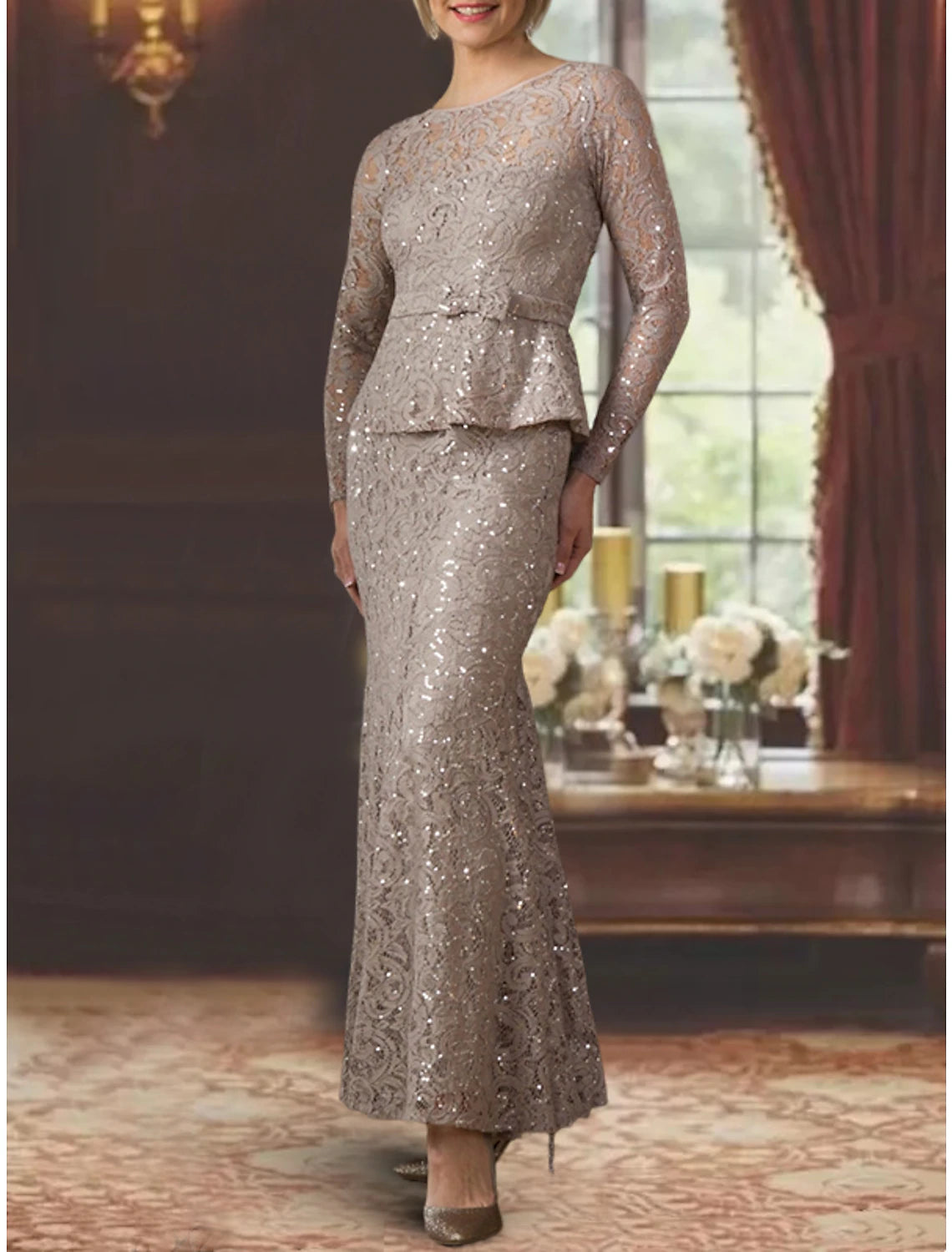 Sheath / Column Mother of the Bride Dress Formal Wedding Guest Elegant Scoop Neck Floor Length Tea Length Lace Charmeuse Sequined Long Sleeve with Appliques