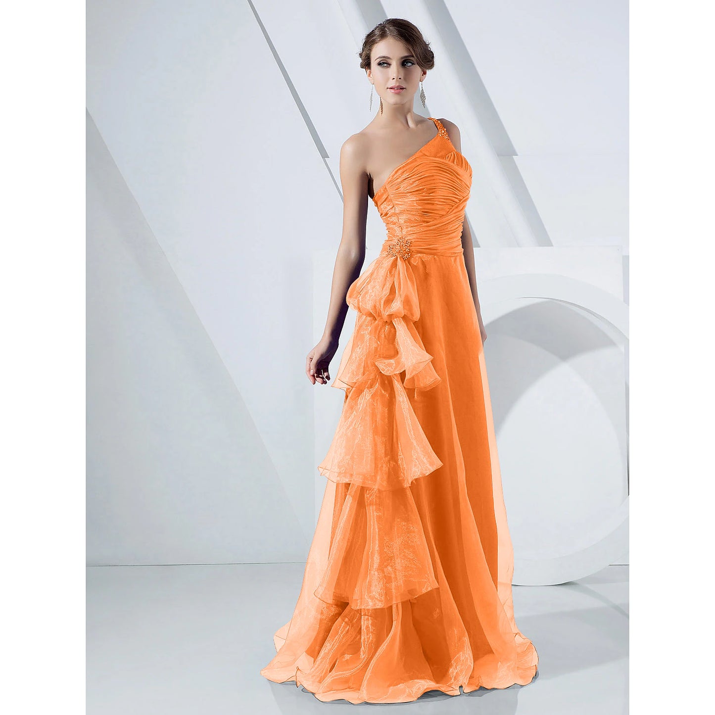 A-Line Elegant Dress Formal Evening Military Ball Floor Length Sleeveless One Shoulder Organza with Side Draping Cascading Ruffles