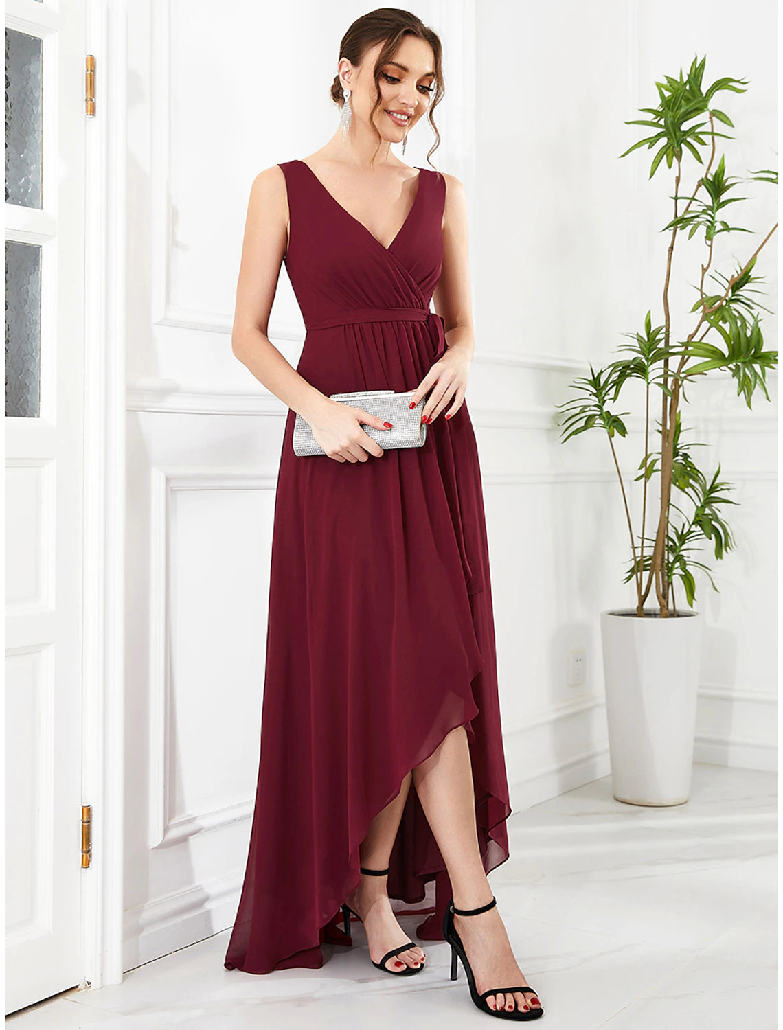 A-Line Wedding Guest Dresses Elegant Dress Party Wear Wedding Party Asymmetrical Sleeveless V Neck Bridesmaid Dress Chiffon with Ruffles Strappy