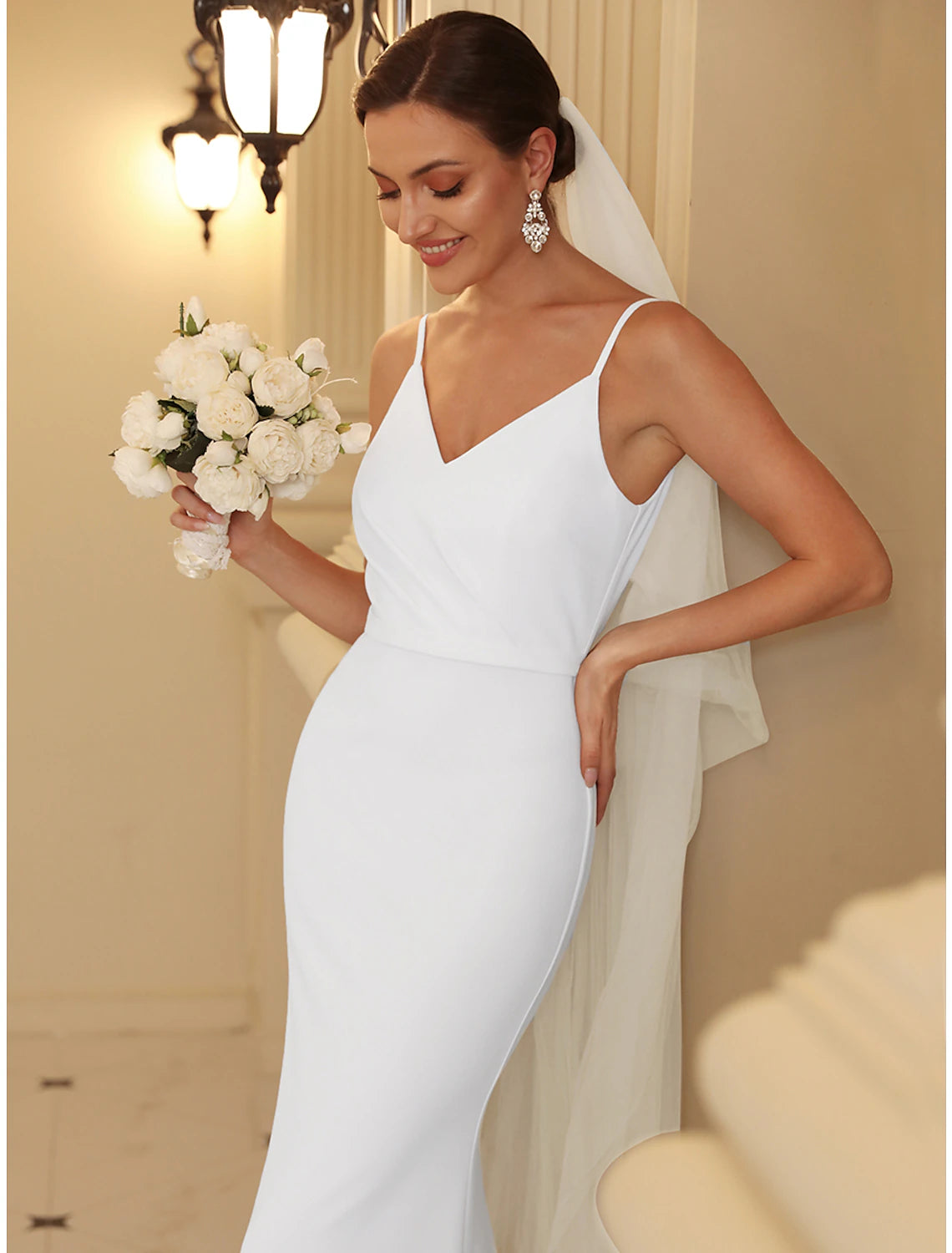 Reception Casual Wedding Dresses Mermaid / Trumpet Camisole V Neck Spaghetti Strap Sweep / Brush Train Stretch Fabric Bridal Gowns With Ruched Draping Summer Wedding Party