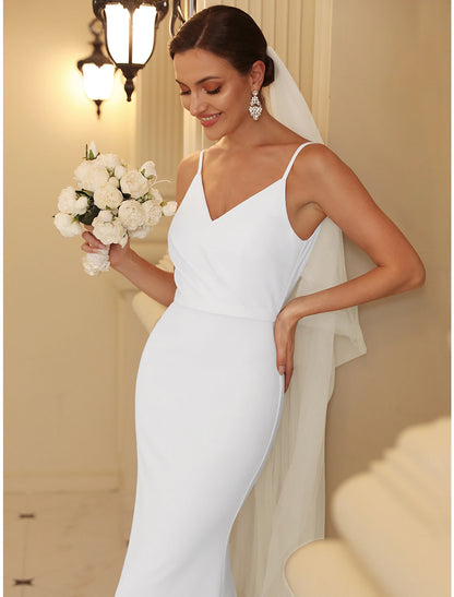 Reception Casual Wedding Dresses Mermaid / Trumpet Camisole V Neck Spaghetti Strap Sweep / Brush Train Stretch Fabric Bridal Gowns With Ruched Draping Summer Wedding Party