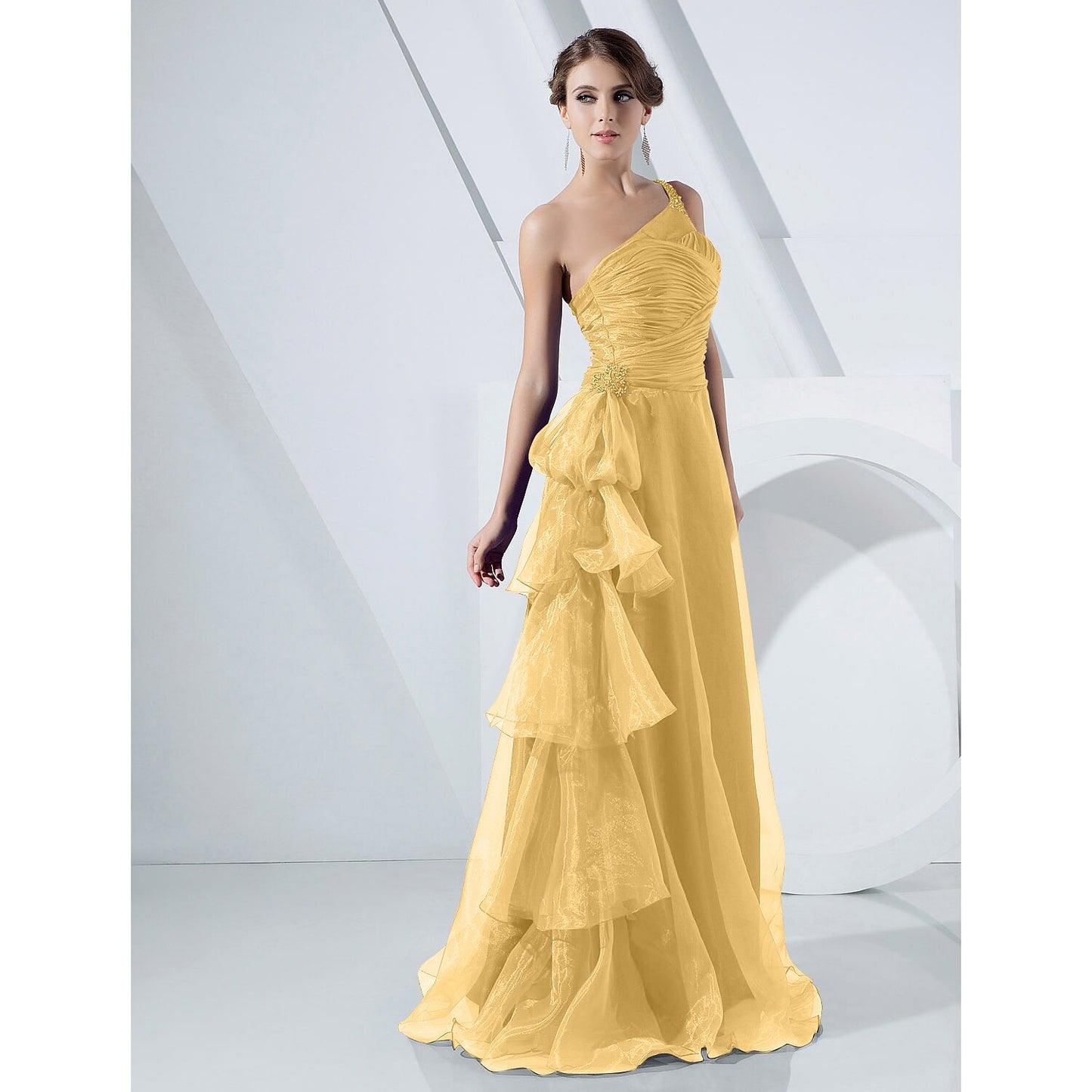 A-Line Elegant Dress Formal Evening Military Ball Floor Length Sleeveless One Shoulder Organza with Side Draping Cascading Ruffles