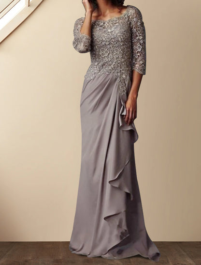 Sheath / Column Mother of the Bride Dress Elegant Bateau Neck Floor Length Chiffon Lace 3/4 Length Sleeve with Lace