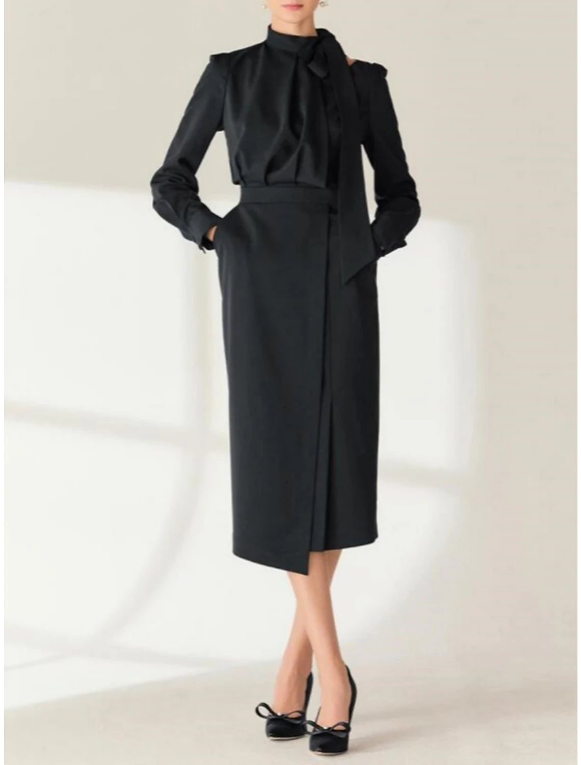Sheath / Column Mother of the Bride Dress Wedding Guest Elegant Petite High Neck Tea Length Stretch Chiffon Long Sleeve with Bow(s) Split Front Ruching