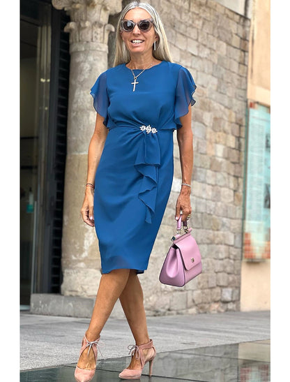 Party Dress Cocktail Dress Midi Chiffon Dress Wine Blue Green Short Sleeve Solid Color Ruffle Crew Neck Evening Party Vacation Wedding Guest Summer Spring Fall