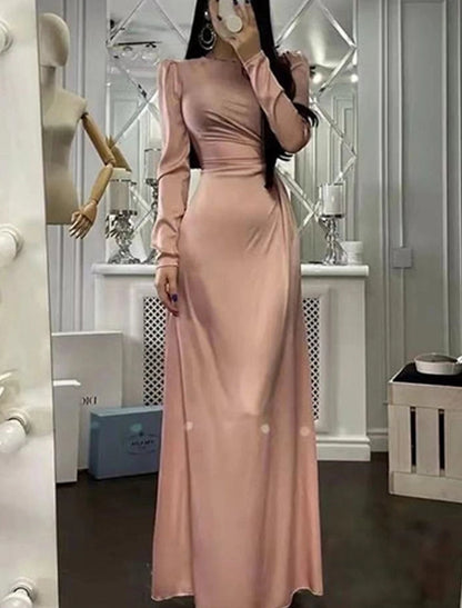 Sheath Party Dress Evening Gown Elegant Dress Wedding Guest Fall Floor Length Long Sleeve High Neck Bridesmaid Dress Satin with Ruched