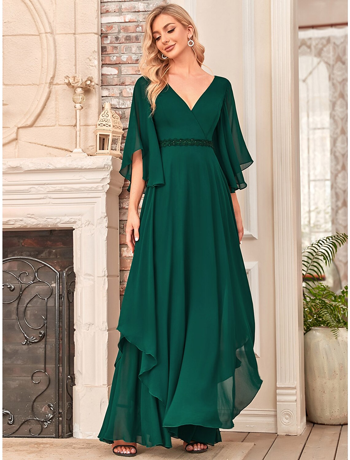 A-Line Mother of the Bride Dress Elegant V Neck Floor Length Chiffon Half Sleeve with Sash / Ribbon