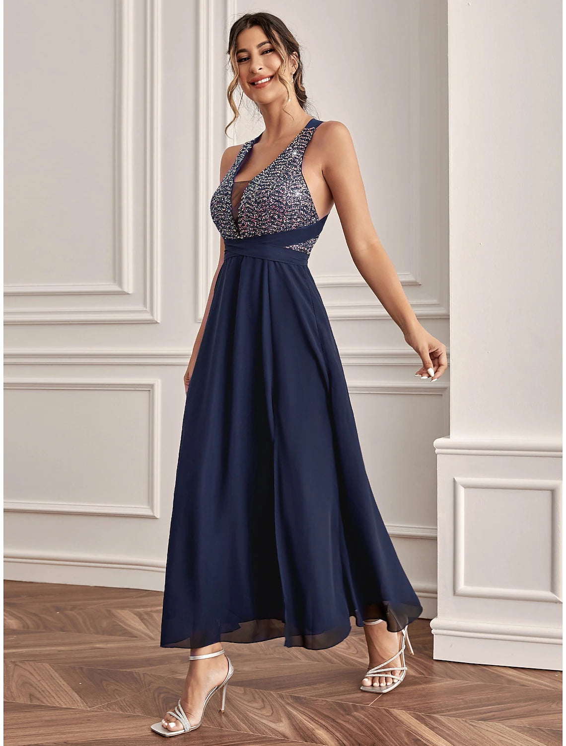 A-Line Wedding Guest Dresses Sparkle & Shine Dress Holiday Cocktail Party Ankle Length Sleeveless V Neck Sequined with Sequin Slit