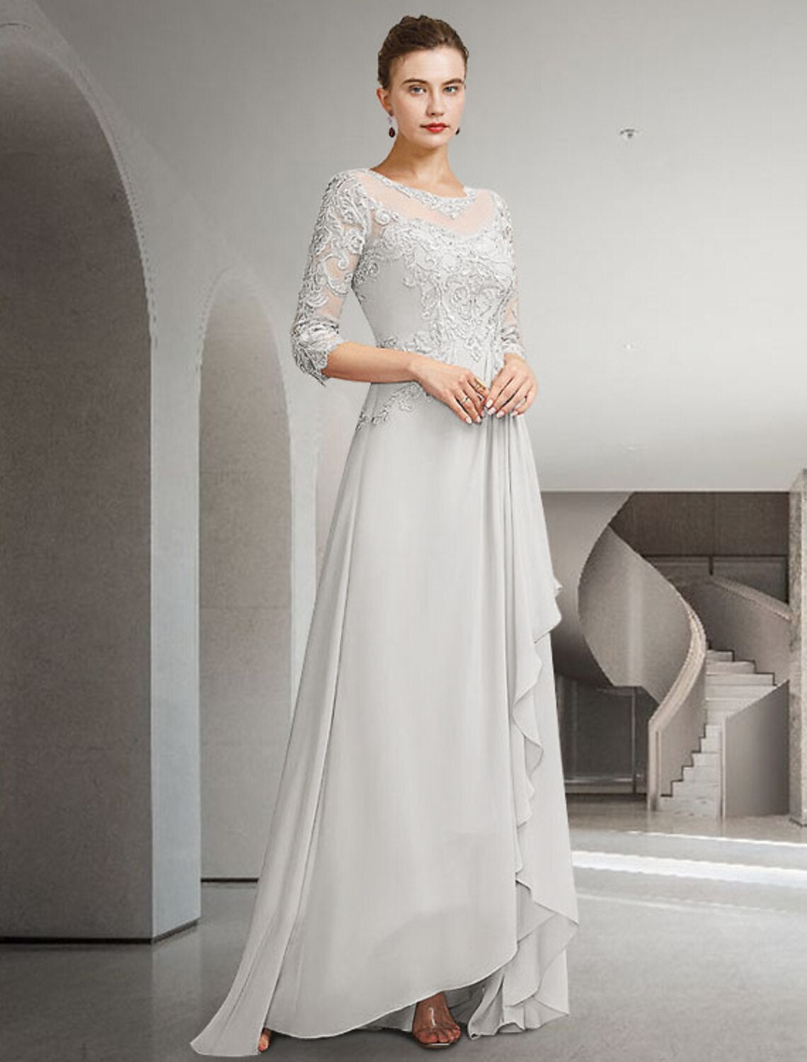 A-Line Mother of the Bride Dress Elegant High Low Jewel Neck Sweep / Brush Train Asymmetrical Chiffon Lace 3/4 Length Sleeve with Pleats Appliques