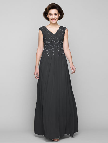 A-Line Mother of the Bride Dress Elegant V Neck Floor Length Chiffon Sleeveless with Criss Cross Beading