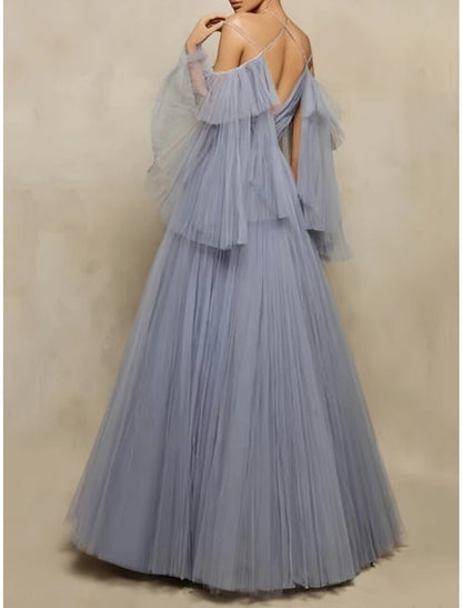 Ball Gown Evening Gown Elegant Dress Formal Fall Floor Length Half Sleeve Halter Neck Tulle with Pleats Ruffles