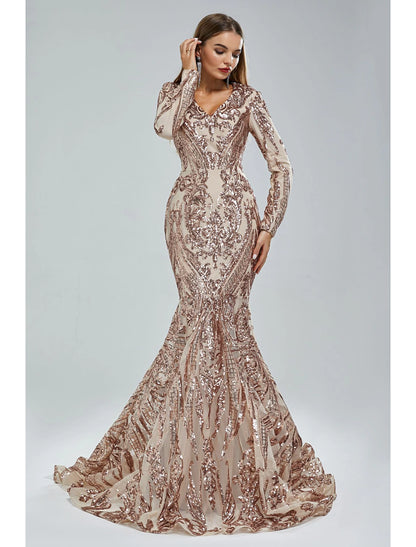 Mermaid / Trumpet Evening Gown Sparkle & Shine Dress Carnival Formal Court Train Long Sleeve V Neck African American Lace with Sequin