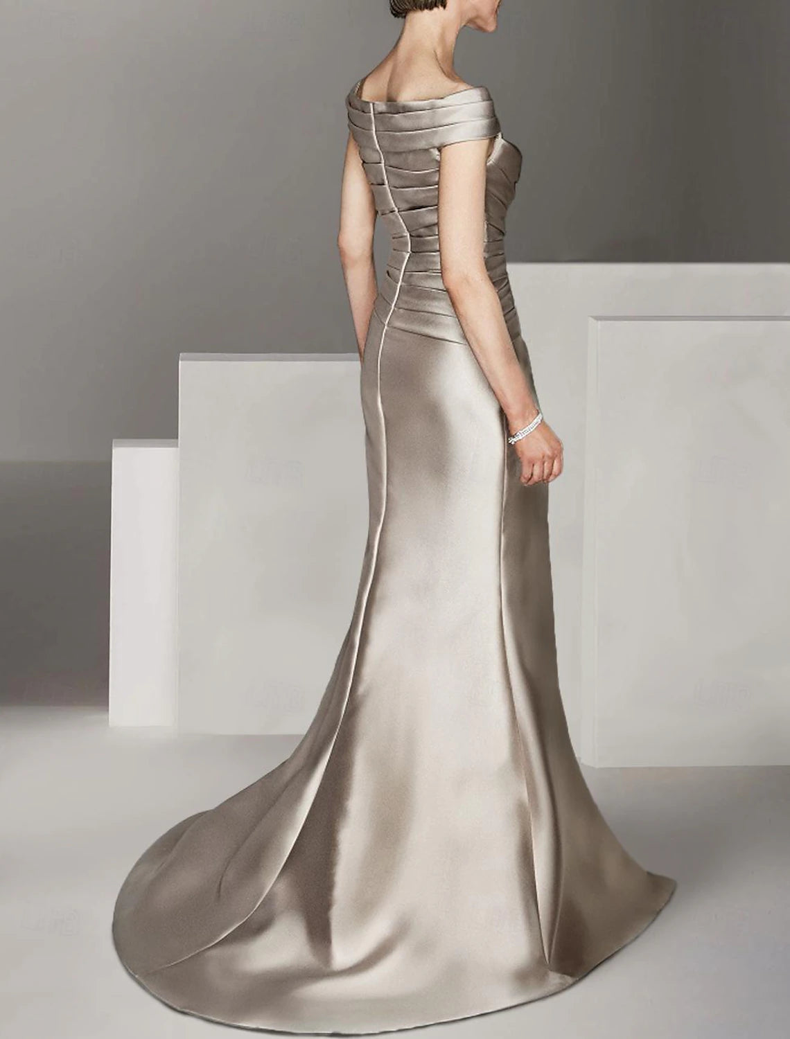 A-Line  Scoop Neck Off Shoulder Floor Length Satin Cap Sleeve with Ruching Mother of the Bride Dress