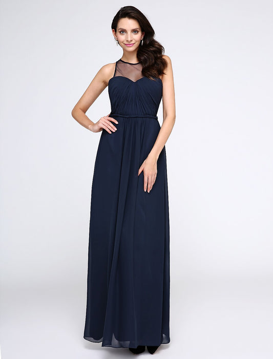 Sheath / Column Elegant Dress Holiday Cocktail Party Ankle Length Sleeveless Illusion Neck Chiffon with Side Draping