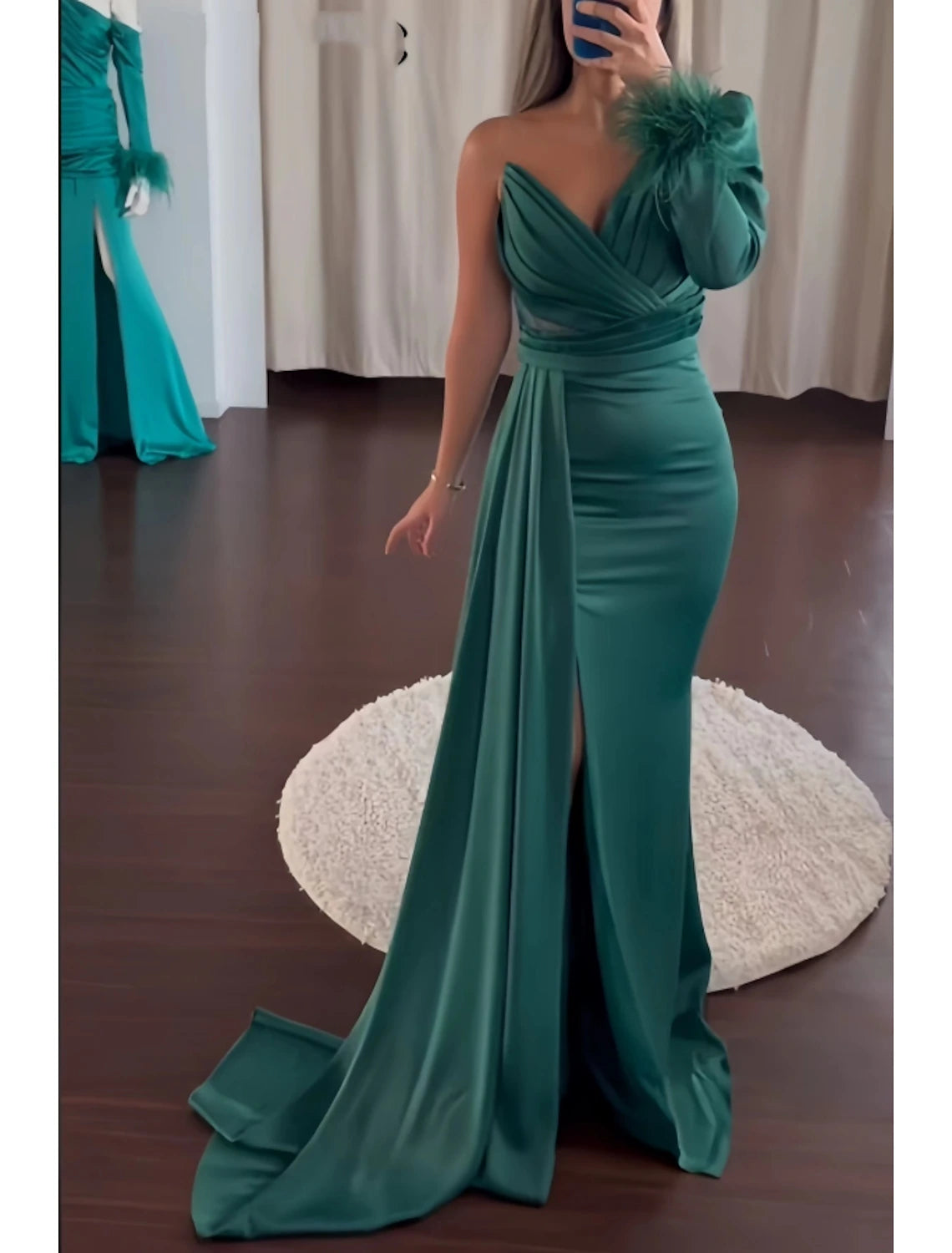 A-Line Evening Gown Party Dress Formal Fall Sweep / Brush Train Long Sleeve One Shoulder Satin with Feather Ruched Slit