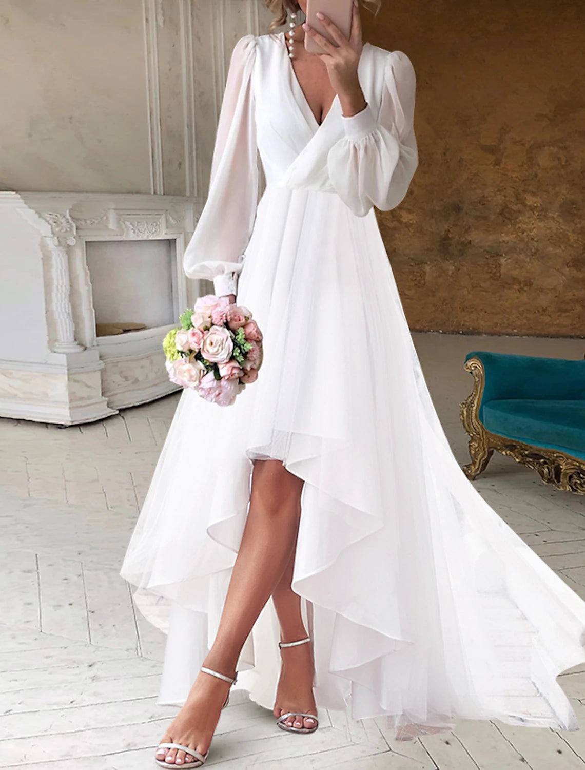 Bridal Shower Fall Wedding Dresses Little White Dresses Casual A-Line V Neck Long Sleeve Asymmetrical Chiffon Bridal Gowns With Solid Color Summer Wedding Party Women's Clothing