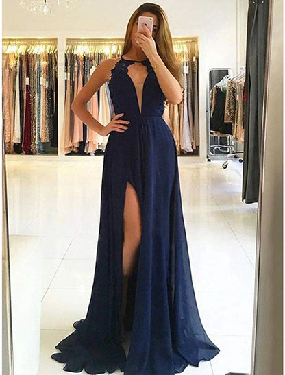 A-Line Evening Gown Cut Out Dress Formal Evening Wedding Party Sweep / Brush Train Sleeveless Halter Neck Lace with Slit