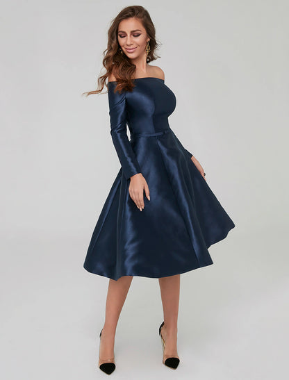 A-Line Special Occasion Dresses Elegant Dress Wedding Guest Cocktail Party Knee Length Long Sleeve Off Shoulder Satin with Pleats