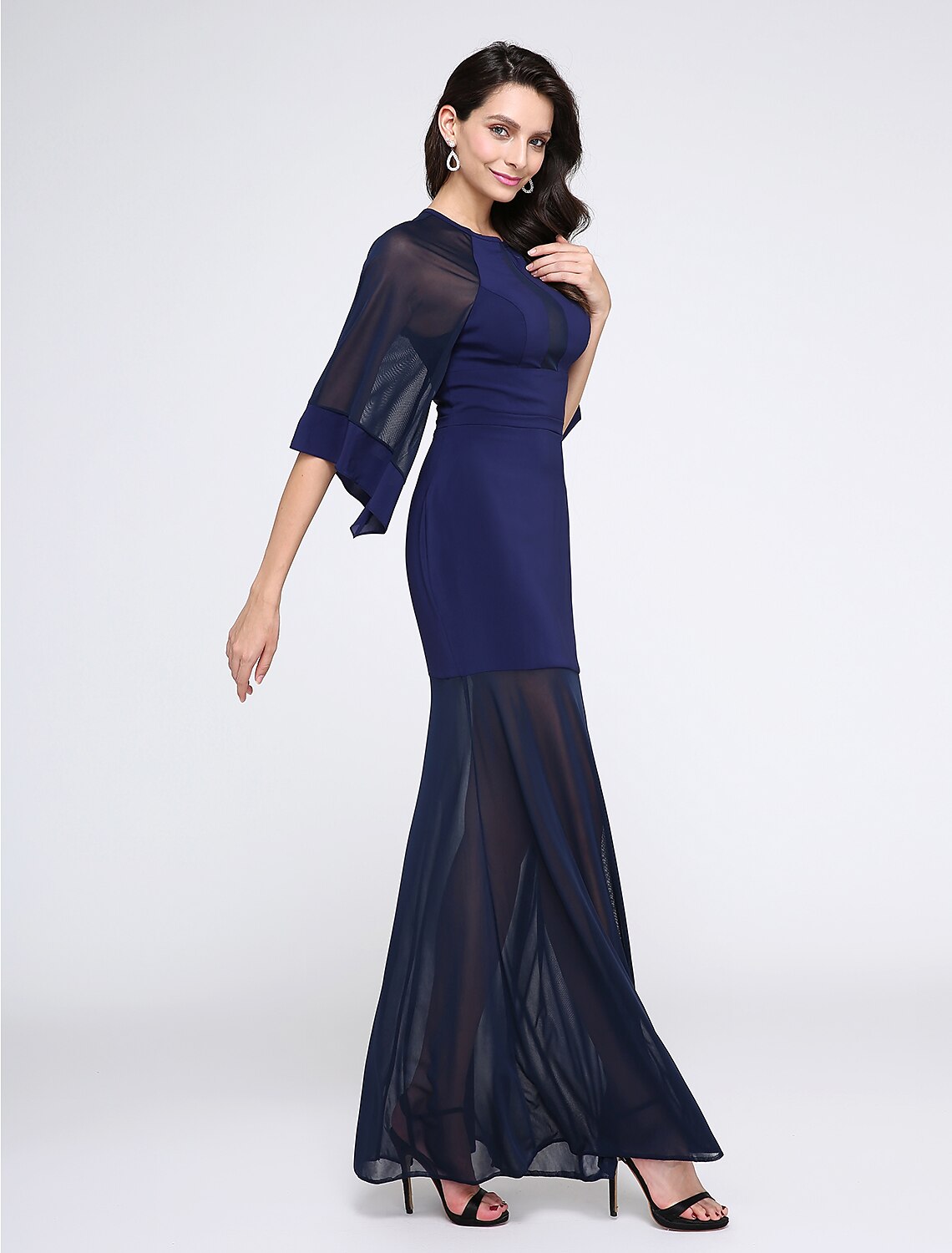 Sheath / Column See Through Dress Prom Formal Evening Floor Length Half Sleeve Jewel Neck Chiffon with Pleats