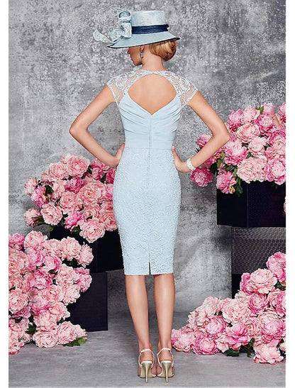 Two Piece Sheath / Column Mother of the Bride Dress Wedding Guest Church Plunging Neck Knee Length Satin Lace Half Sleeve Short Jacket Dresses with Lace Split Front Crystal Brooch