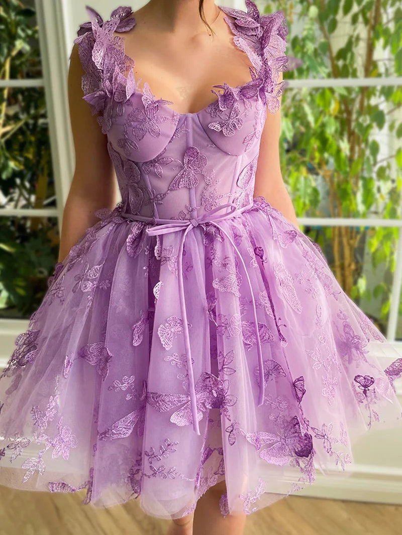 Aline Short Tulle Prom Dress with 3D Butterflies Homecoming Dress