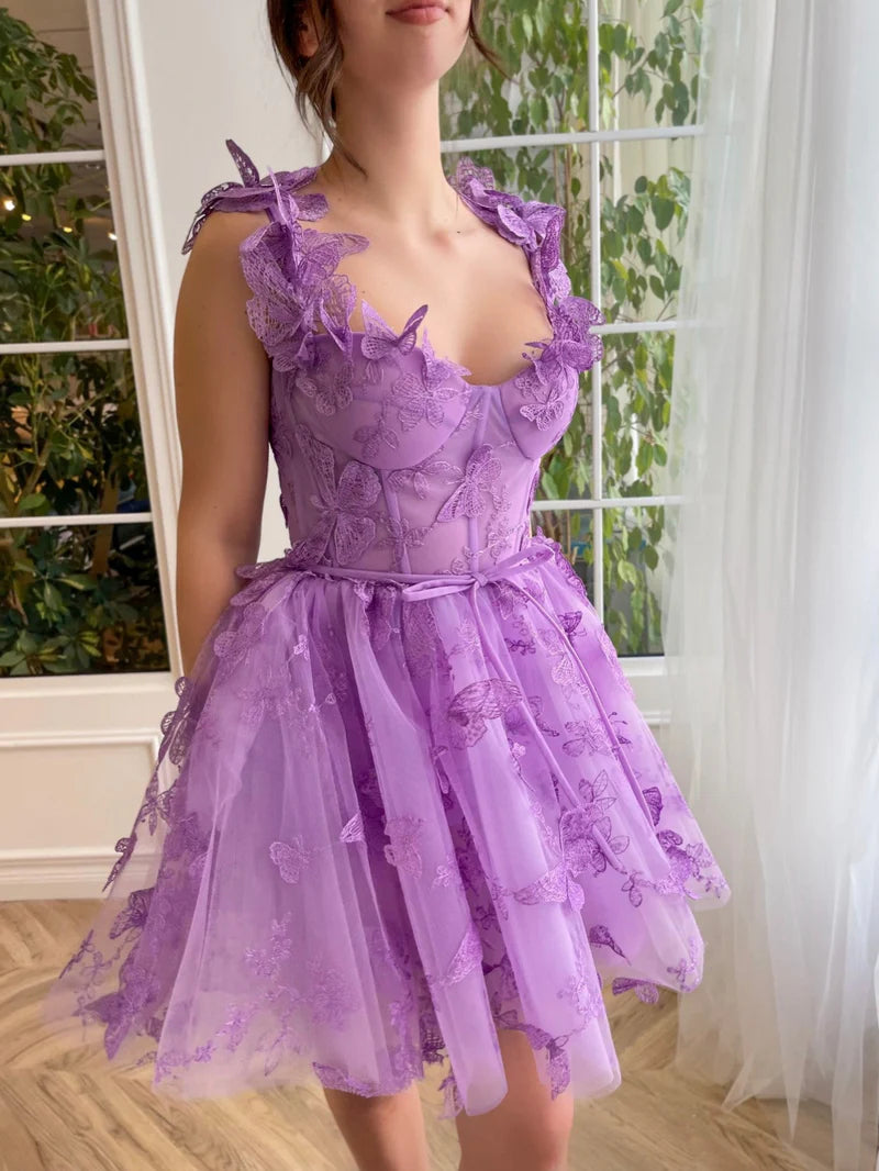 Aline Short Tulle Prom Dress with 3D Butterflies Homecoming Dress